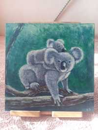 Obraz autorski " koala i małe". Akryl na desce 25x25 cm