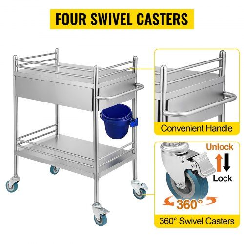 Carrinho de serviço de aço inoxidável  2 prateleiras com 2 gavetas car