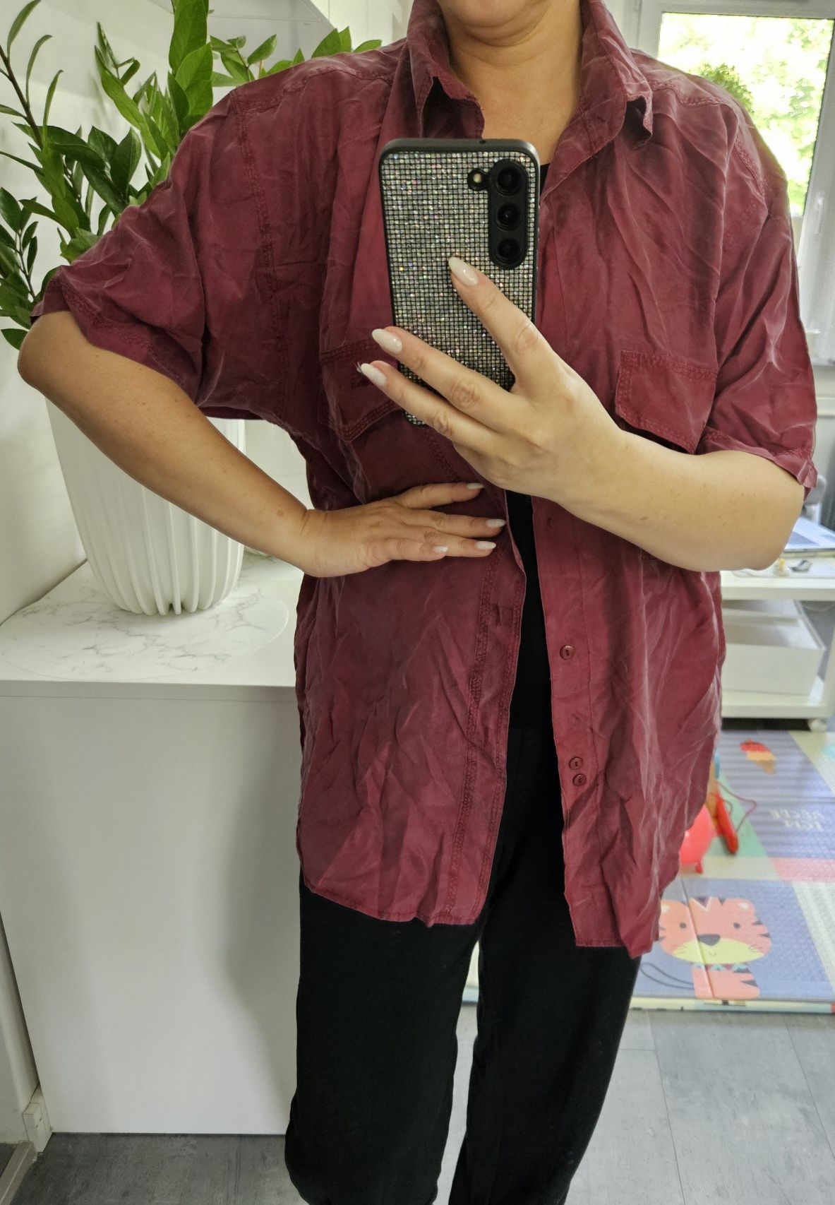 Koszula jedwabna L-XXL jedwab zgaszony  bordowy fortel męska