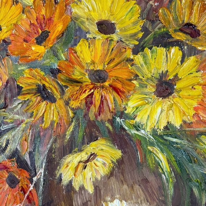 Obraz w drewnianej ramie kwiaty słoneczniki na płotnie