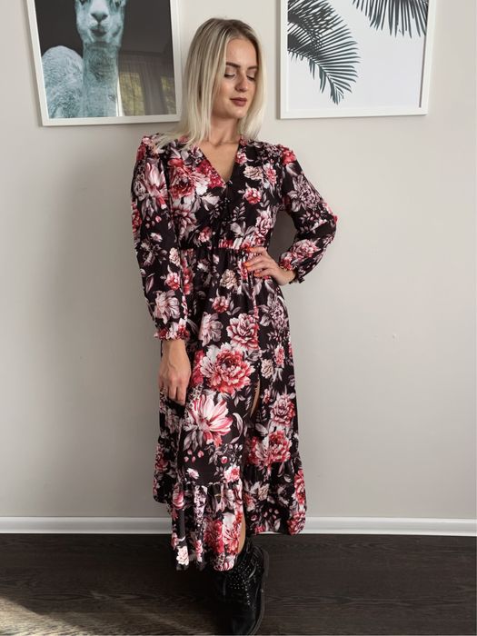 Sukienka w kwiaty midi maxi na guziki długi rękaw wiosenna boho luźna