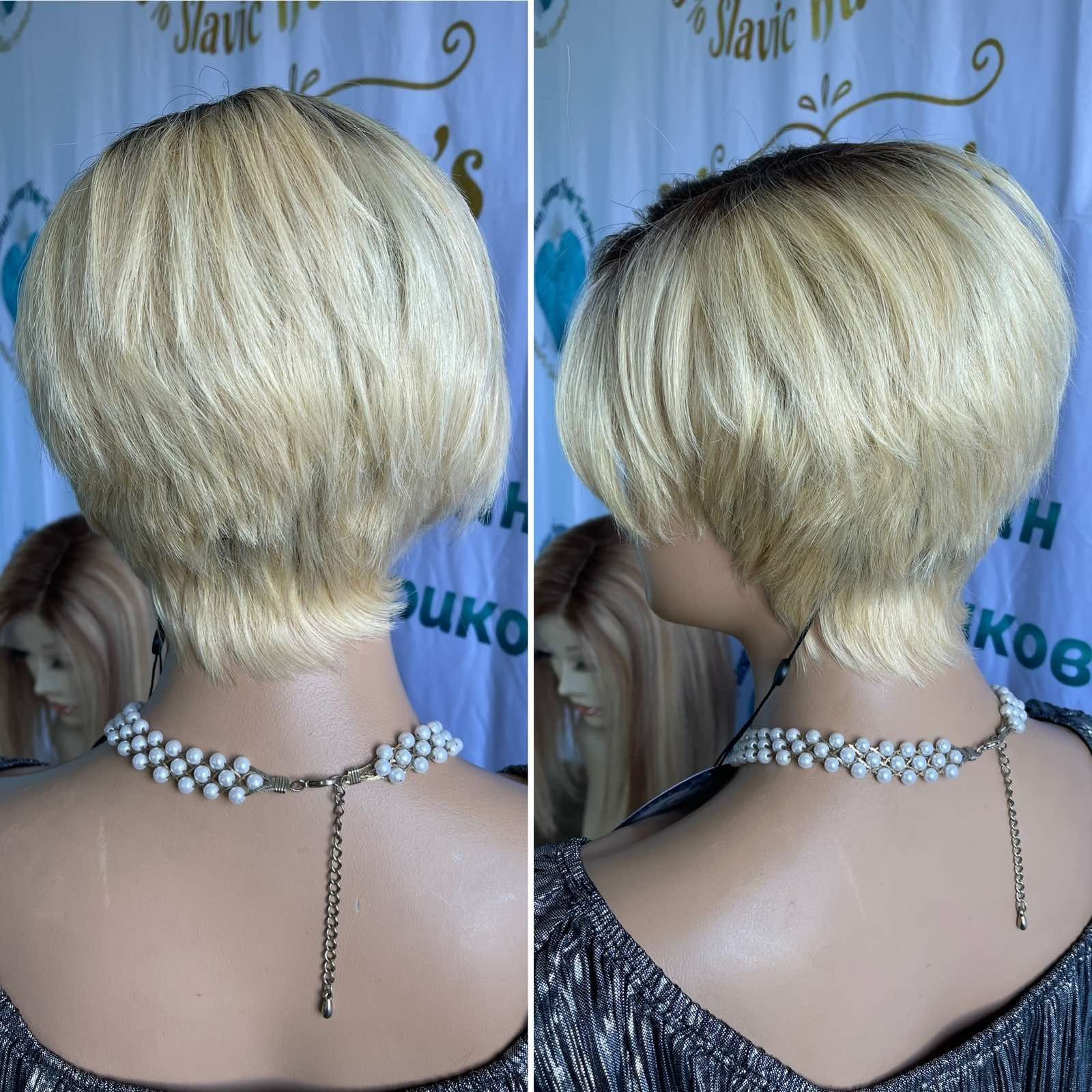 Натуральный парик перука имитация кожи стрижка блонд славянский волос