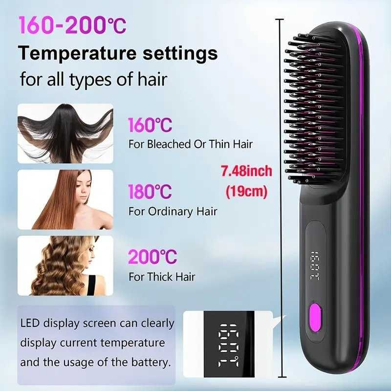 Escova alisadora cabelo. Portátil. USB. 3 níveis temperatura. Novo.