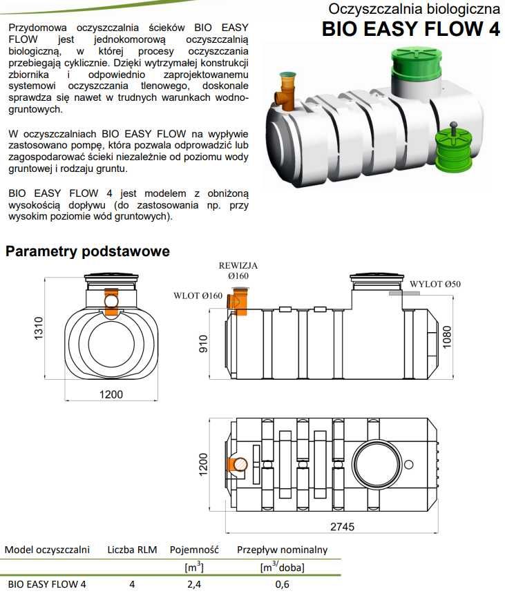 Oczyszczalnia Biologiczna BIO EASY FLOW 4 os płaska wlot 90cm podmokły