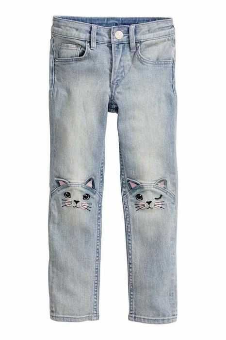 Cudny zestaw:) jeansy kotki bluza z falbankami zwierzaki 122/128