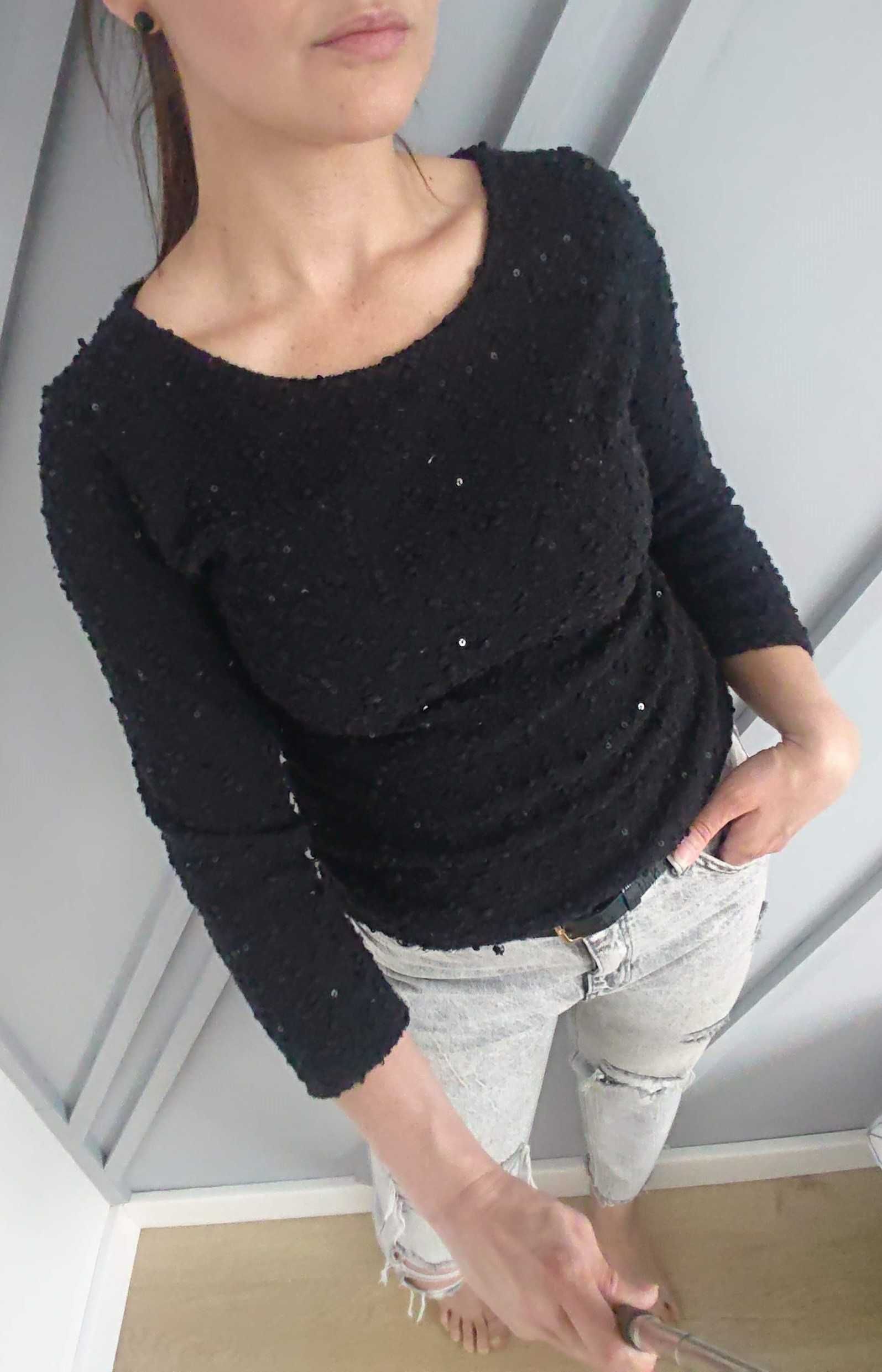 Czarny sweter boulce z cekinami 3/4 rękaw 36/S