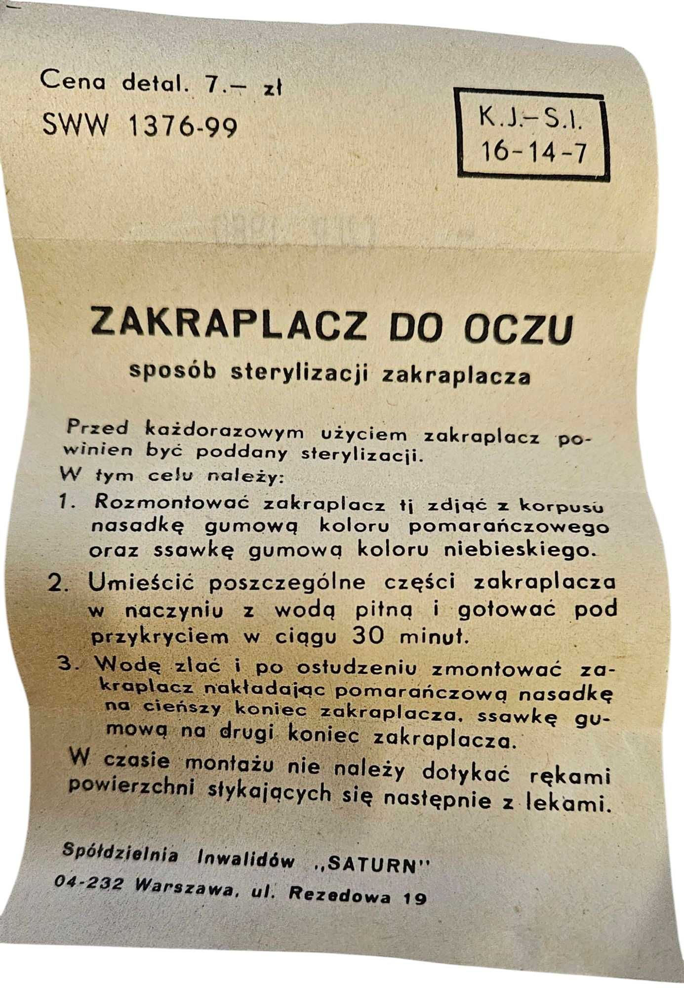Z magazynów Wojskowych Pipeta Zakraplacz do Oczu "SATURN"