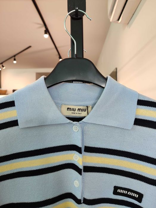 Поло Miu Miu Silk And Cotton Knit Polo Shirt Sky Blue