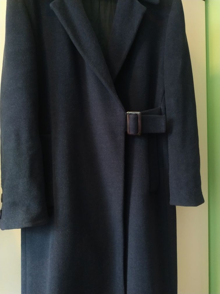 Granatowy damski długi płaszcz, taliowany L XL wełna angora