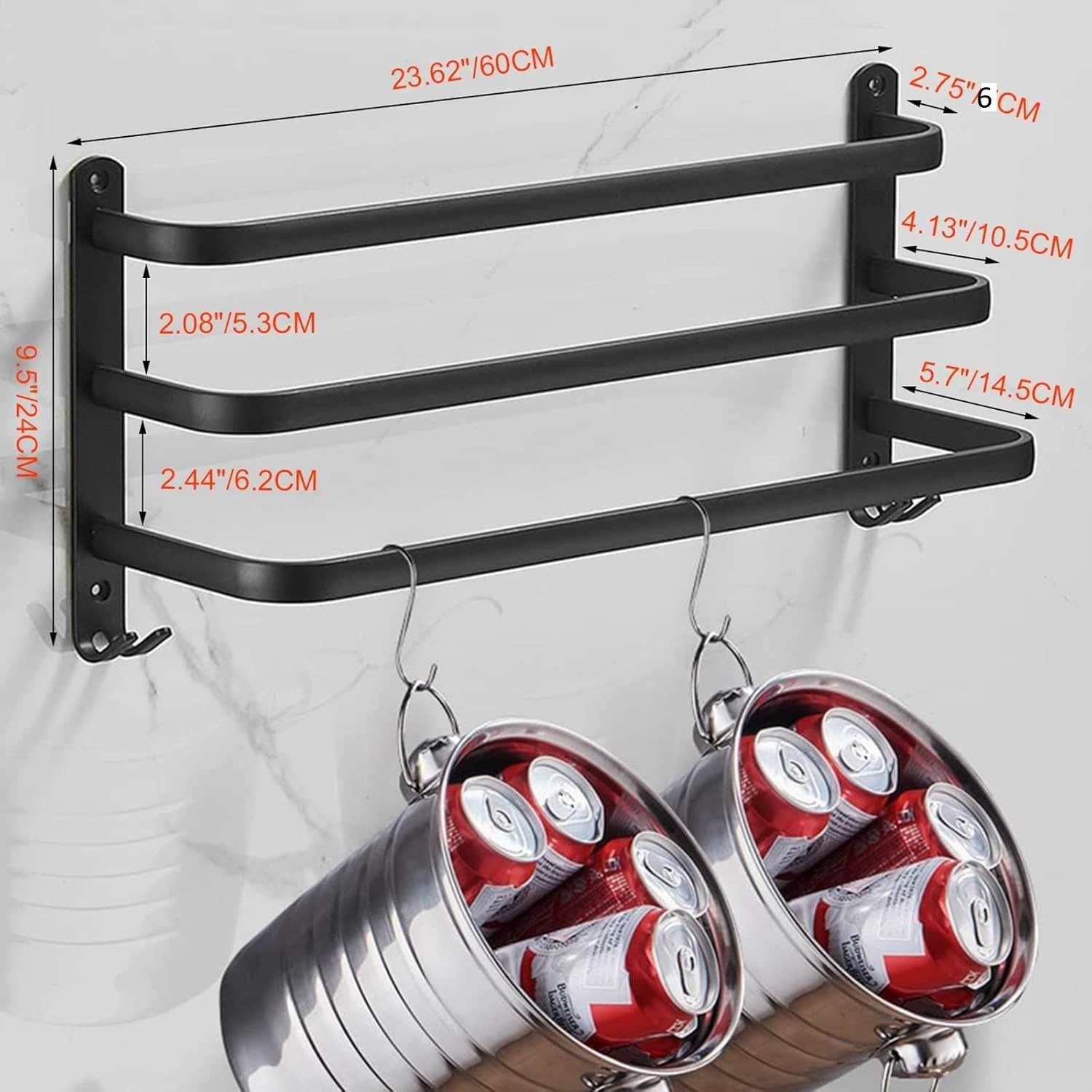 Wieszak na ręczniki 60cm 3 belki + wieszaki Aluminium Czarny bez wierc