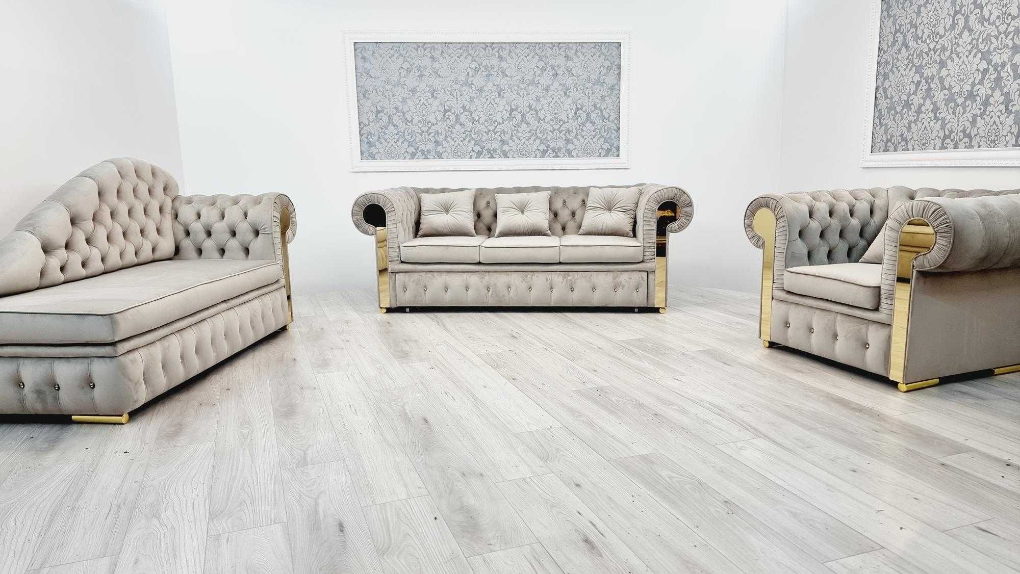 Zestaw pikowany chesterfield GLAMOUR 3os. + Szezlong + fotel PRODUCENT