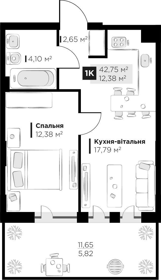 Продаж 1 кім. квартири Perfect Life Винники 42.75 м2