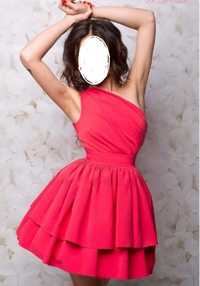 Sukienka malinowa czerwień asymetryczne ramię S 36