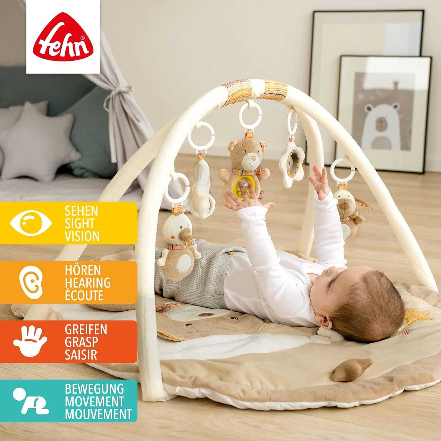 koc do raczkowania dla niemowląt, Fehn Koc 3-D Activity z łukiem