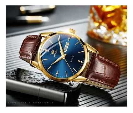 Zegarek kwarcowy złoty klasyczny 39mm datownik niebieska tarcza luma