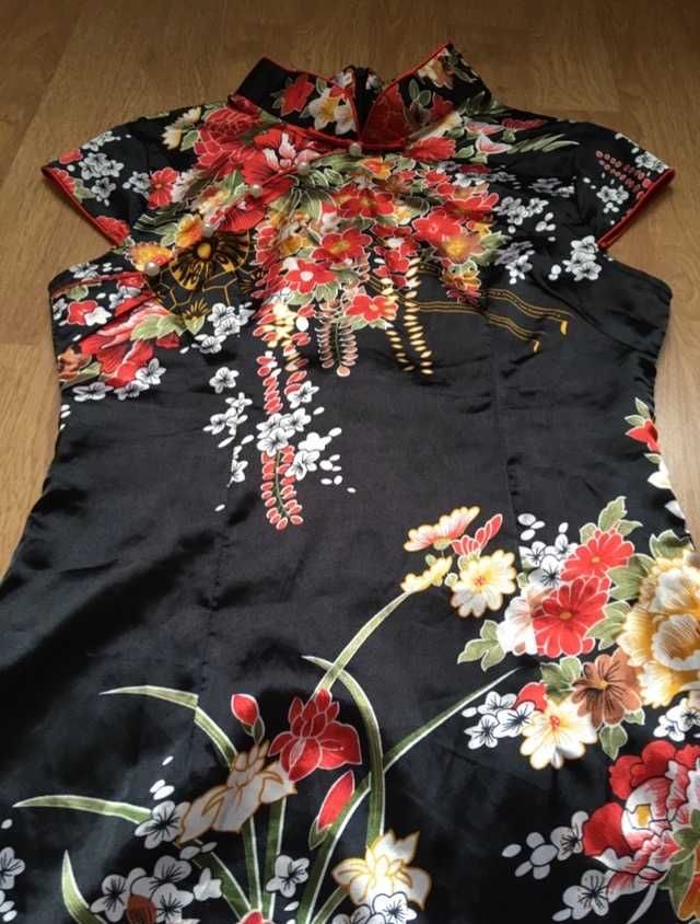 Czarna satynowa sukienka mini chińska qipao cheongsam XS