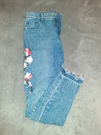 Spodnie proste damskie jeansy dzinsy z haftem kwiatowym, rozmiar S