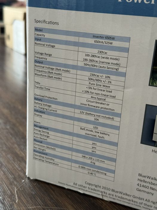 Інвертор Power Walker з чистою синусоідою 650W і вбудованим зарядним