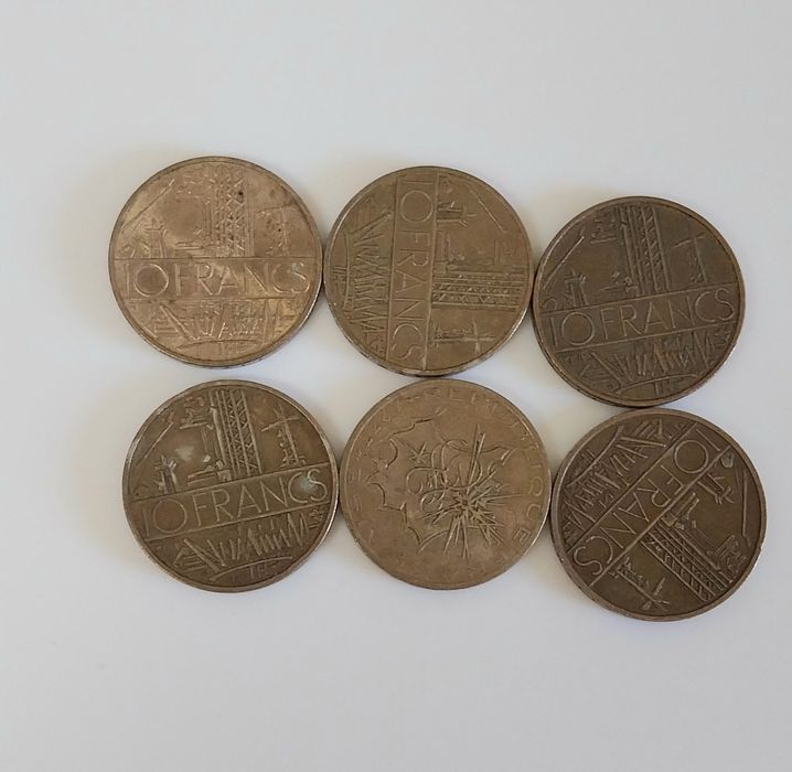 Lote de 6 moedas antigas de 10 francos franceses