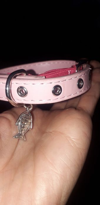 Colar novo rosa gata/ gatinha "SPOILED" e cinza c peixe 28 -36 cm