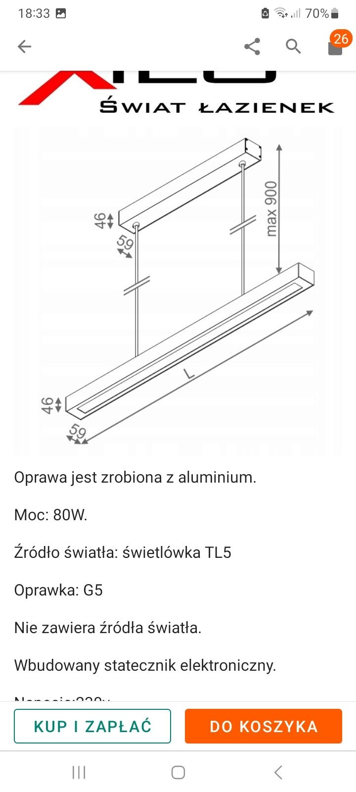 Do sprzedania lampa led zwisające 50cm długość świetlówki 150cm biała