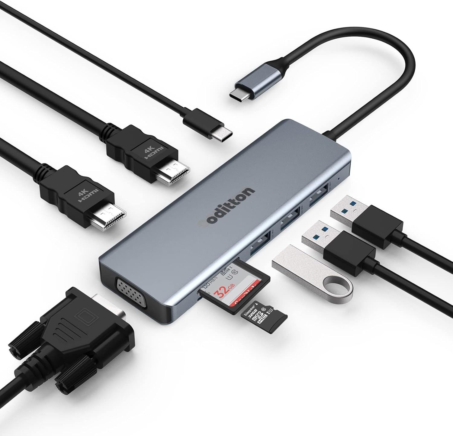 [Novo] Docking Station USB C Hub - Dual HDM 4K, VGA, RJ45 Gigabit, Mic