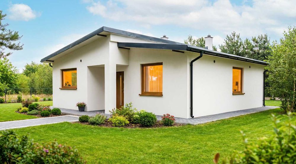 Nowoczesny dom parterowy w stanie deweloperskim, las, Jeziorsko