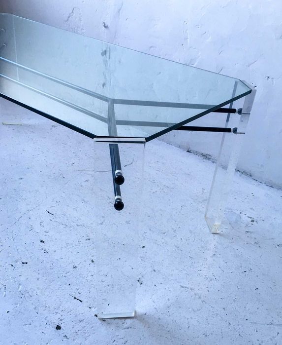 Stół geometryczny jadalniany akryl szkło lata 80 vintage design