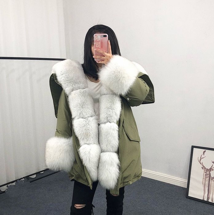 Nowe futro naturalne lis blue fox kurtka zimowa parka pierze sztos