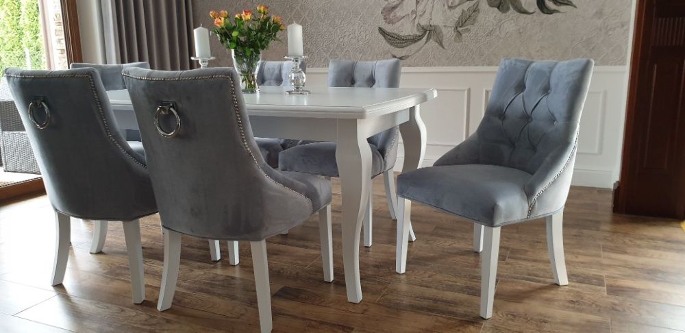 Zestaw komplet do salonu pikowany tapicerowany z kołatką stół 6 krzese