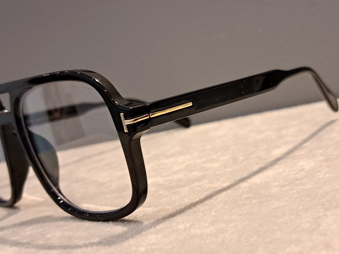 TOM FORD czarne duze okulary zlote logo zerówki oprawki FALCONER