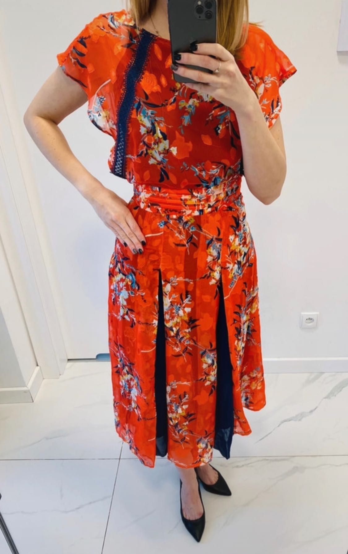 Koktajlowa sukienka Foxiedox XS/S pomarańczowa granat kwiaty midi maxi