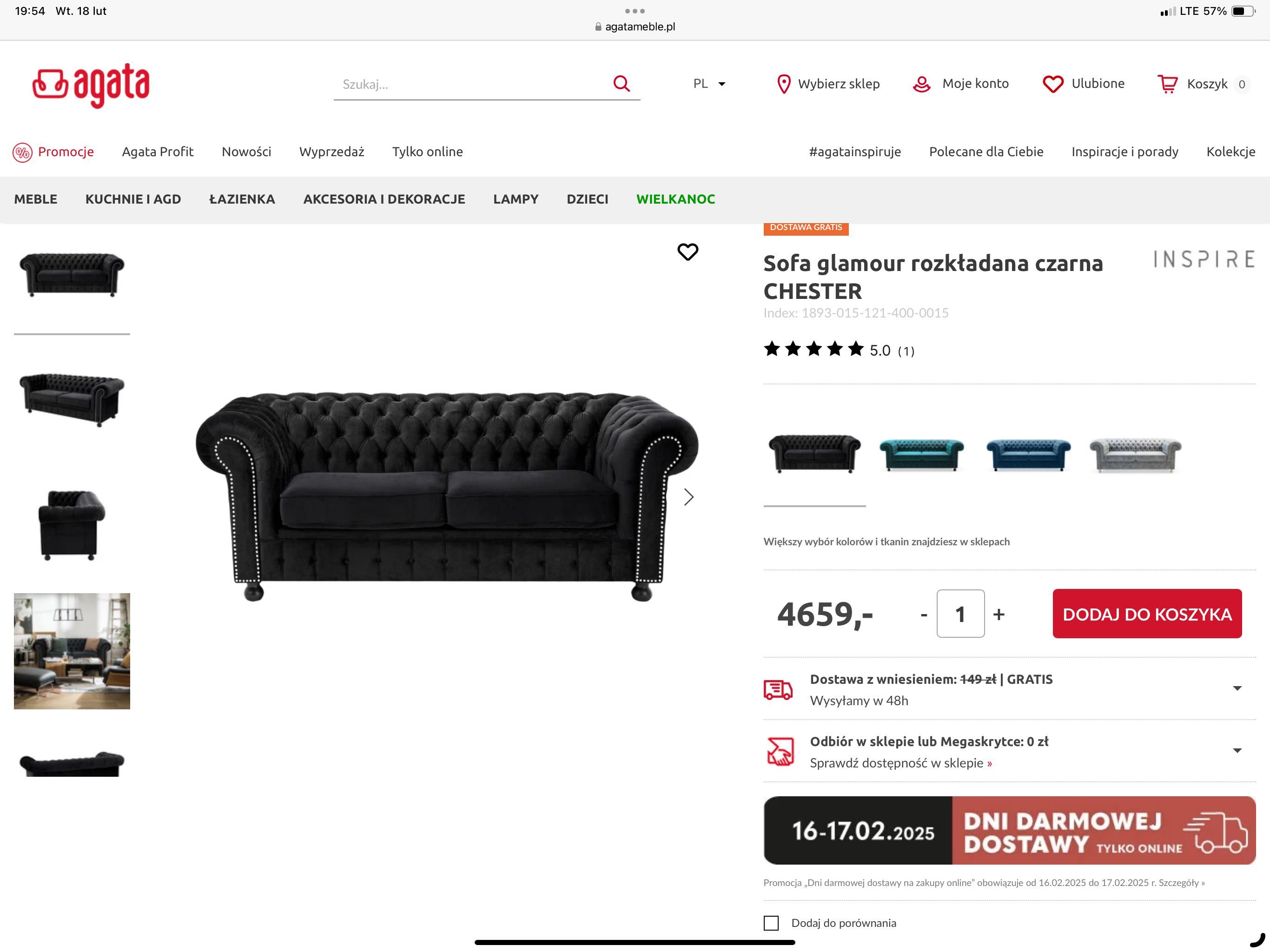 Sofa glamour czarny zamsz CHESTER AGATA MEBLE za połowę ceny
