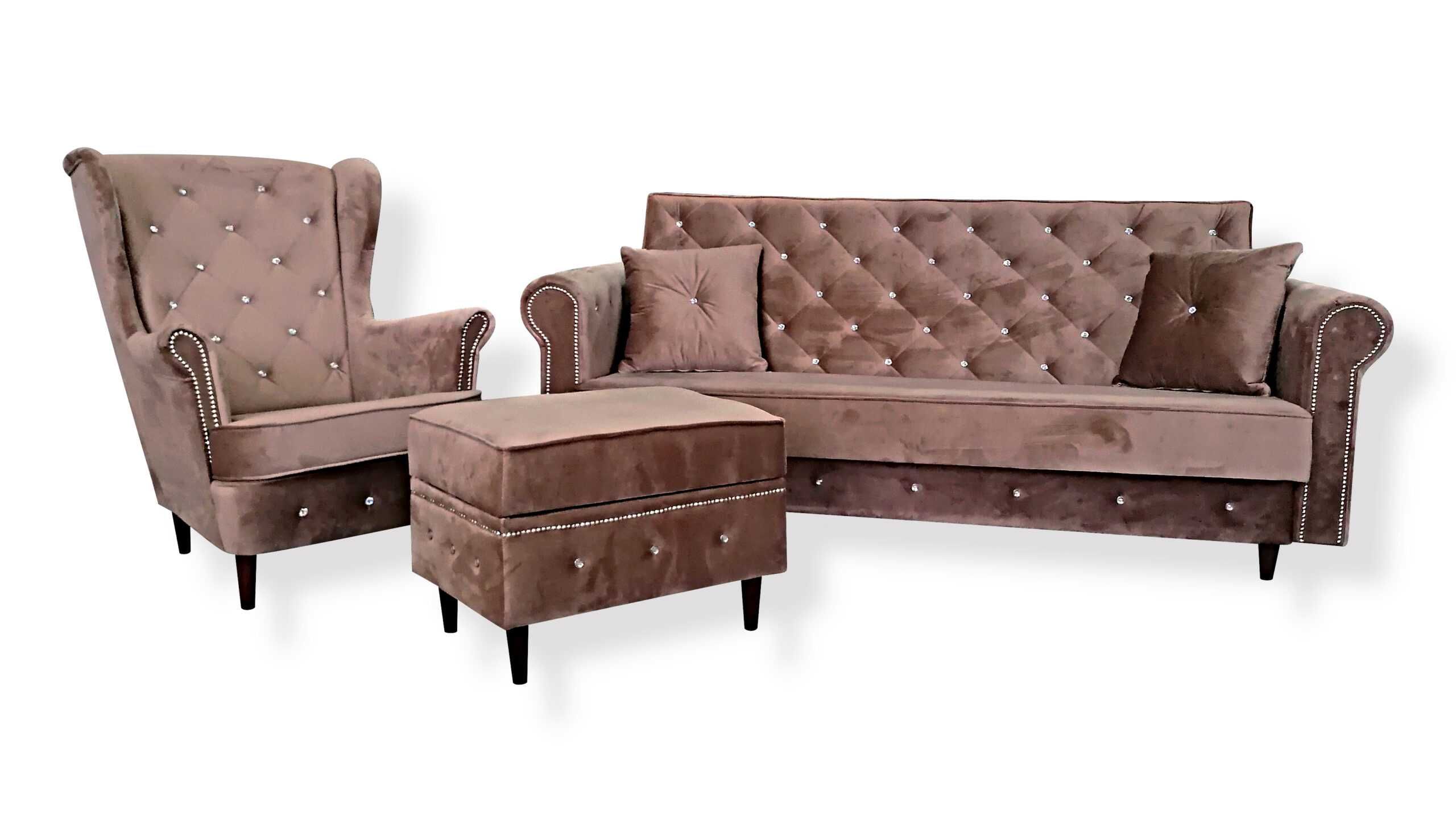 Kanapa Sofa Wersalka Komplet Glamour Kryształ USZAK puf pojemnikzestaw