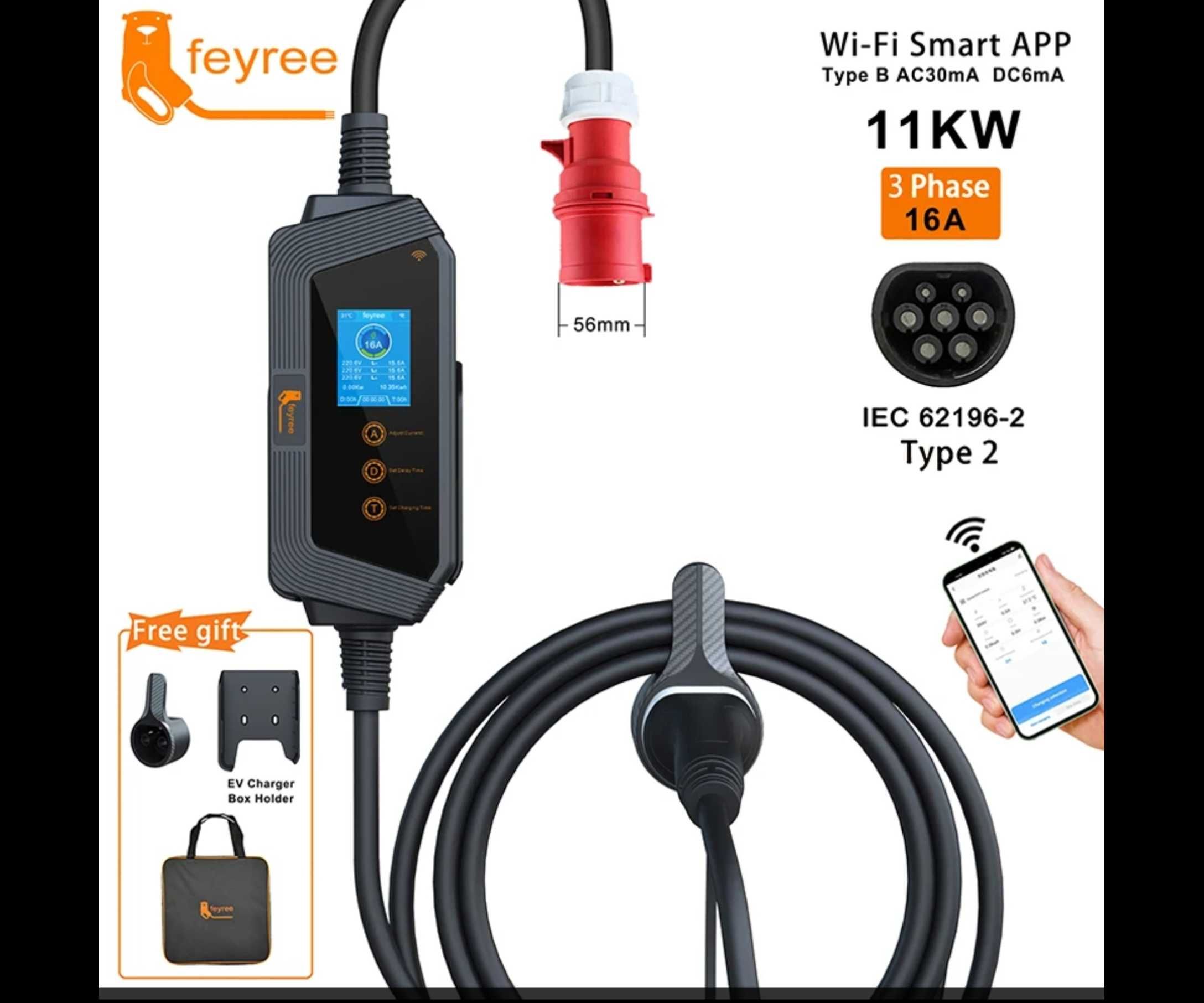 Nowa Ładowarka Wallbox WIFI 11KW 3-FAZY 16A TYP 2 + Akcesoria montażow