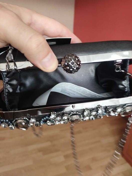 Mascara Kopertówka    Ciemnoszara Ozdobna z Kryształkami na Łańcuszku