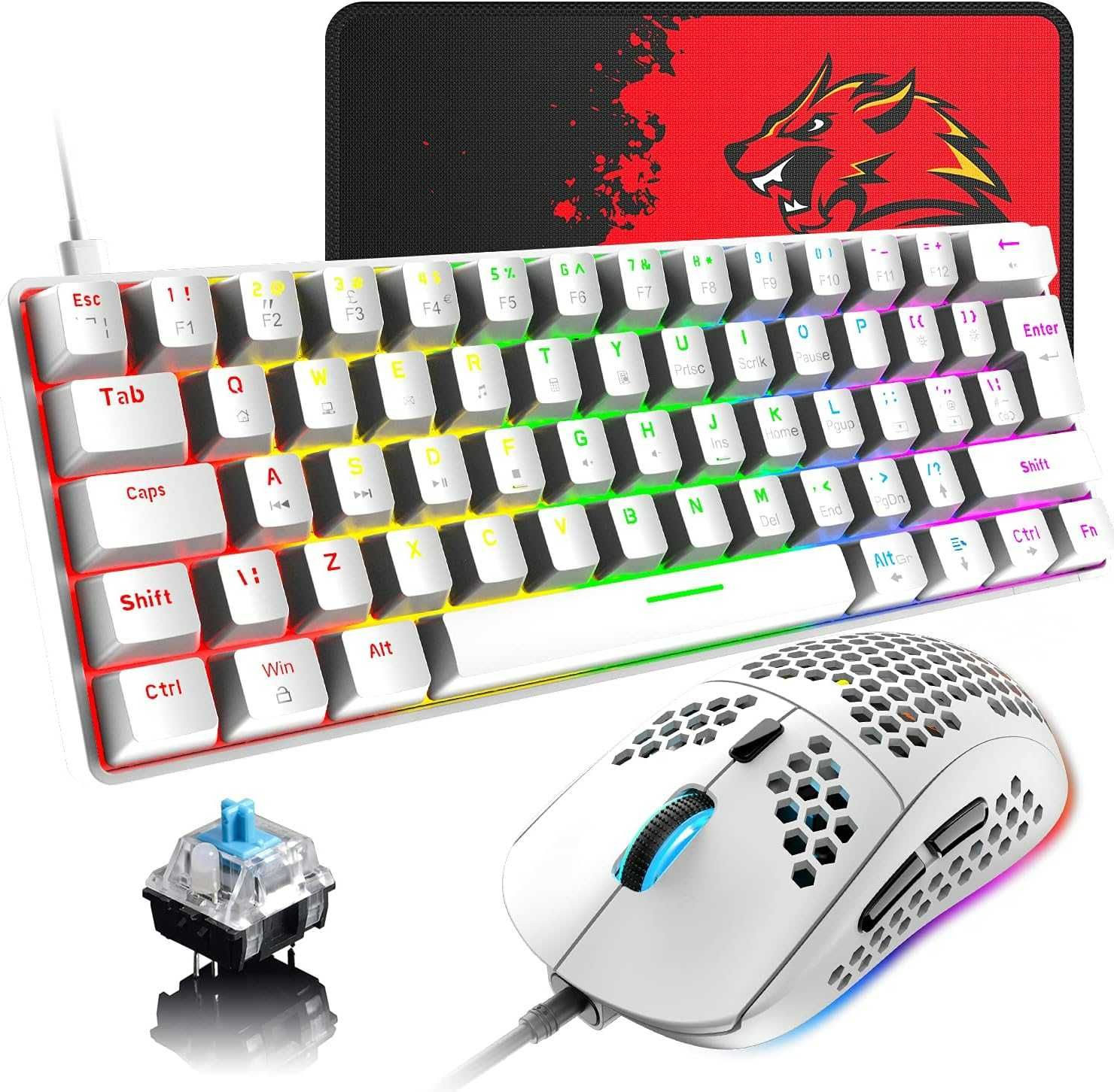 Przewodowa mechaniczna klawiatura i mysz do gier biała RGB 6400 DPI