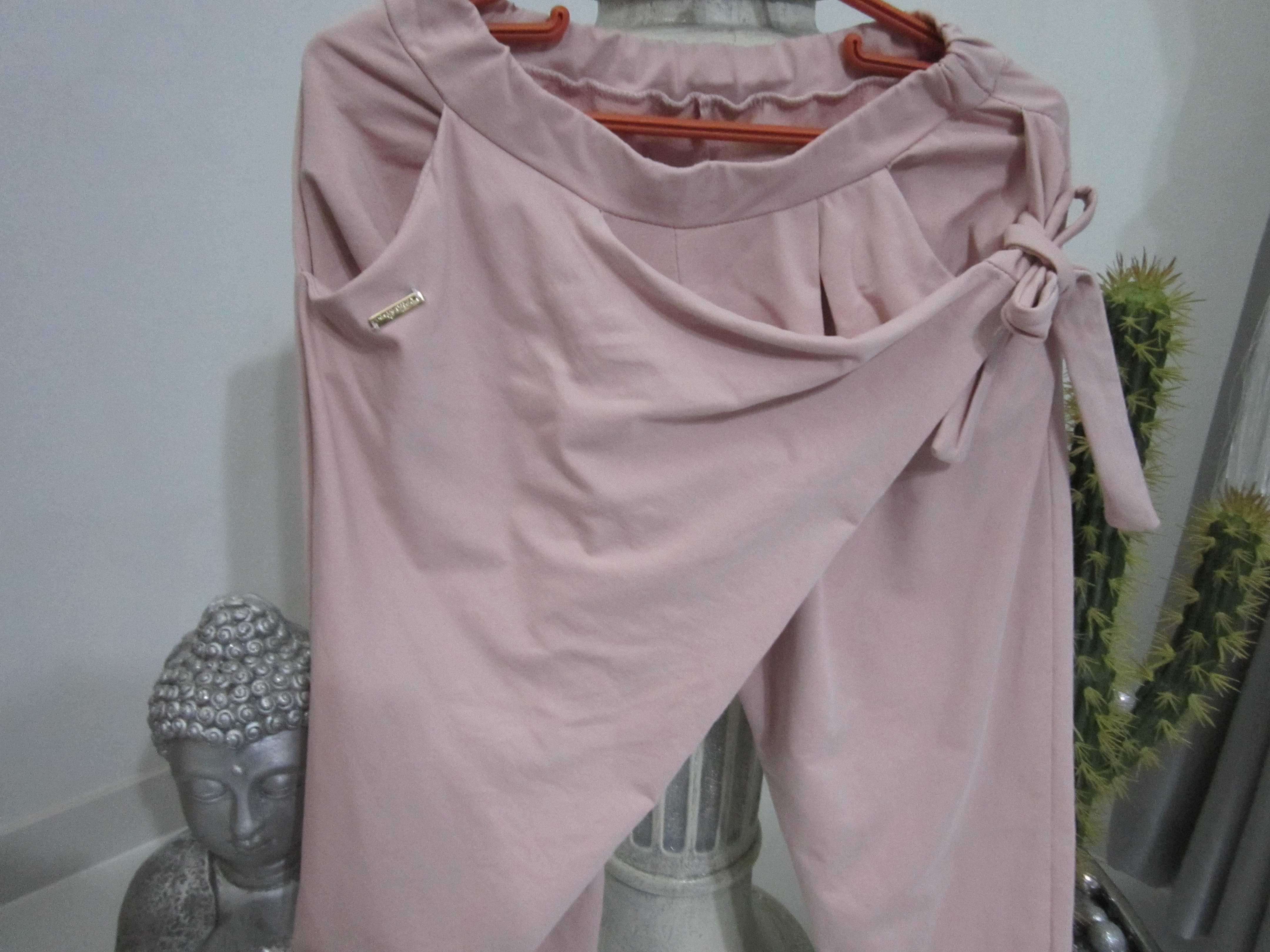 włoskie ciekawe spodnie bawełna jak nowe pudrowy róż rozm L-XL