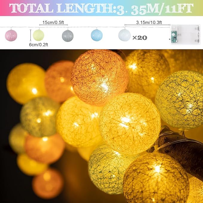 Łańcuch LED 3,35 m 20 bawełnianych kul ciepła biel timer na baterie
