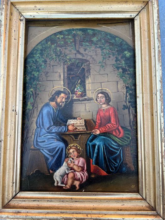 Piękny stary obraz -Swięta Rodzina , olej na blasze, złota rama, XIXw.