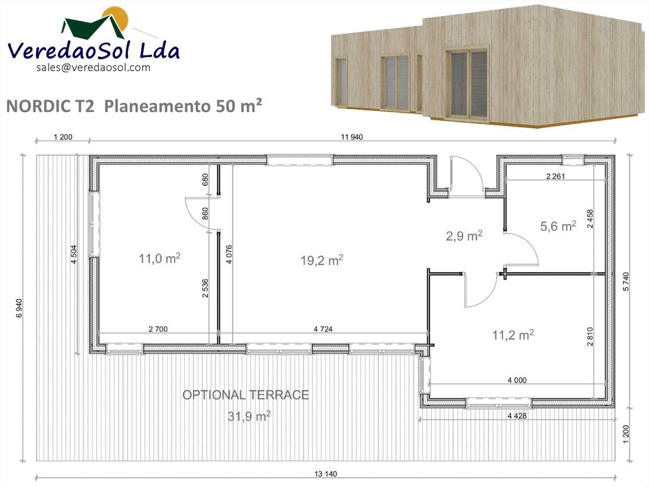 Casa Madeira NORDIC T2 50m² 214mm Segunda parede e isolamento telhado