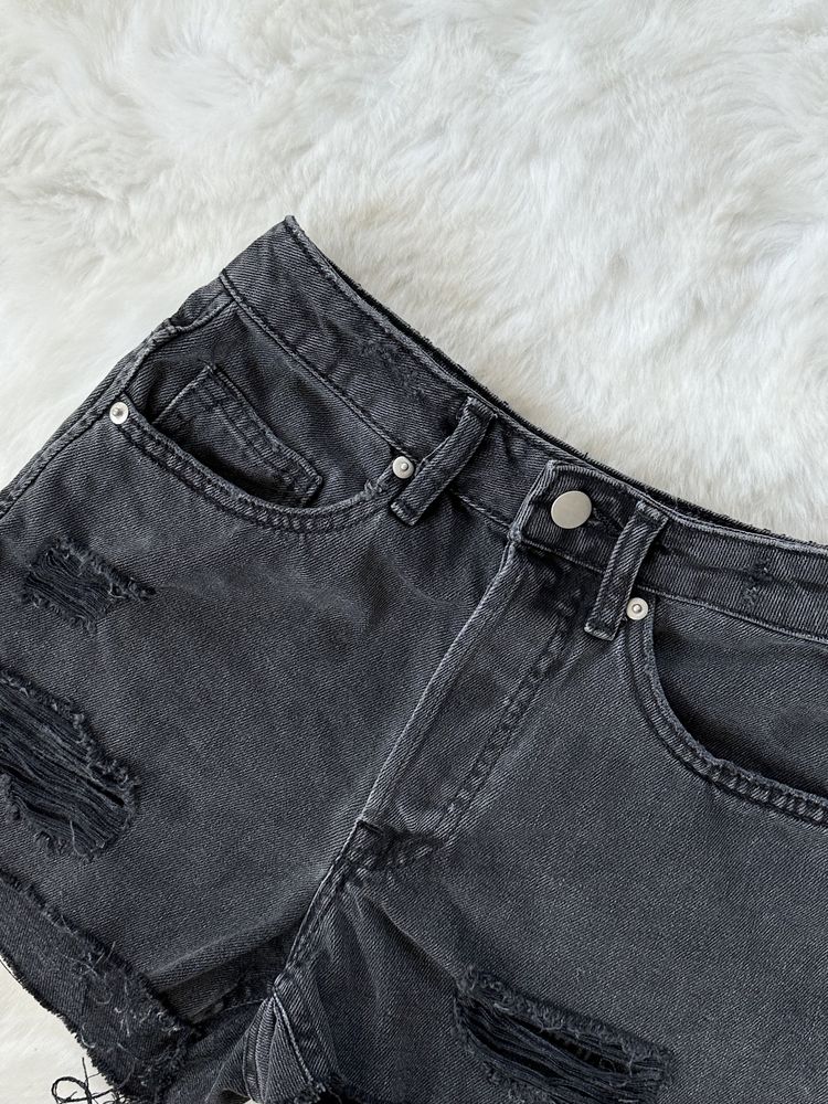 Szare spodenki jeansowe szorty z przetarciami wysoki stan