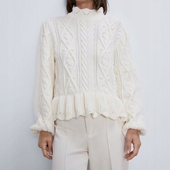 ZARA sweter elegancki z falbaną cream NOWY