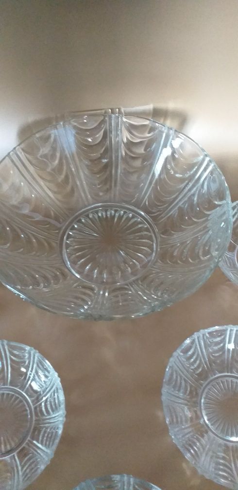 Stara szklana misa + salaterki szkło Ząbkowice wzór pajęczyna