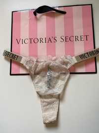 Stringi beżowe koronkowe Victoria Secret rozmiar M 35cm na płasko