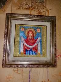 Икона Богородицы, ручная работа, вышивка бисером