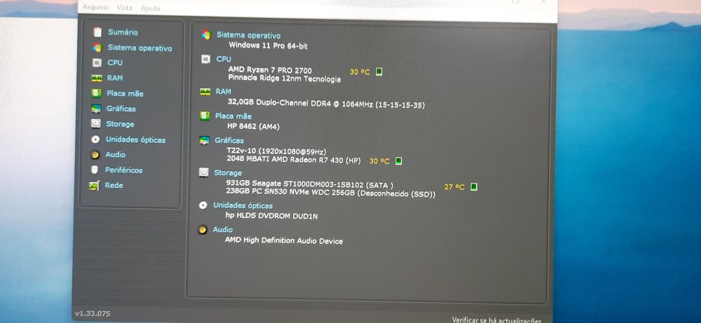 Pç LowGaming HP|32G|Ryzen.7.Pro|R7-430-2G|HDMI|TPM2.0|256G+1TB|5G|W11