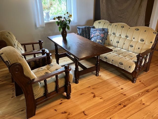 sofa, fotel, ława, meble, lite drewno, vintage, PRL, rustykalne meble