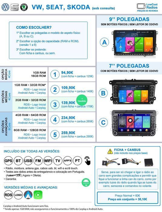 Rádio GPS 7" ANDROID -VW Golf 5 e 6, VW Polo, VW Passat | Skoda | Seat