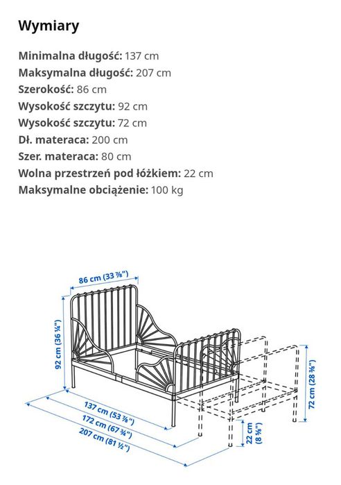 IKEA MINNEN łóżko + Materac o regulowanej długości 80x200 cm 135/165cm